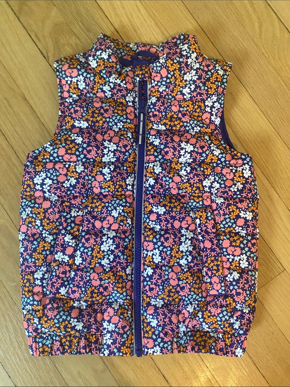 Girls Floral Quilted Puffer Vest - Navy Base with Pink & Orange Flowers